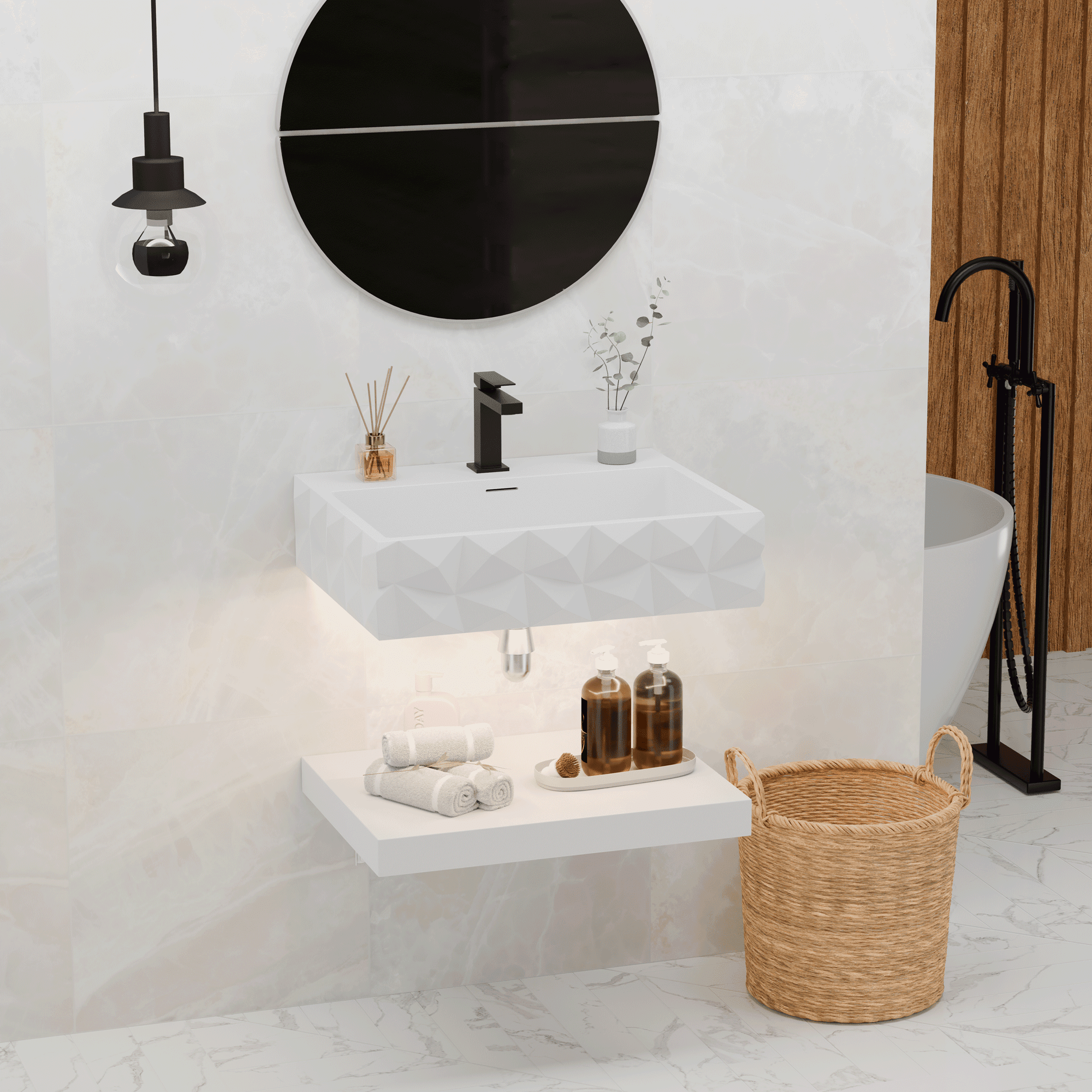 GESIPOR 24"x19" Bathroom Floating Vanity Sink with LED Light, Wall-Mount Stone Resin Bathroom Vessel Sink Rectangular Modern Art Basin with Shelf Layer