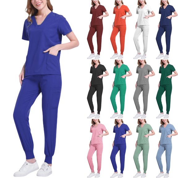 Vibrex Women Scrub Set Stretch Solid Color LooseAnkle Cuff Pants Pocket Caregiver Short Sleeve V-Neck Blouses Nursing Uniform Set Nurse Workwear with 10 Pockets, Unwrinkled Scrubs for Women