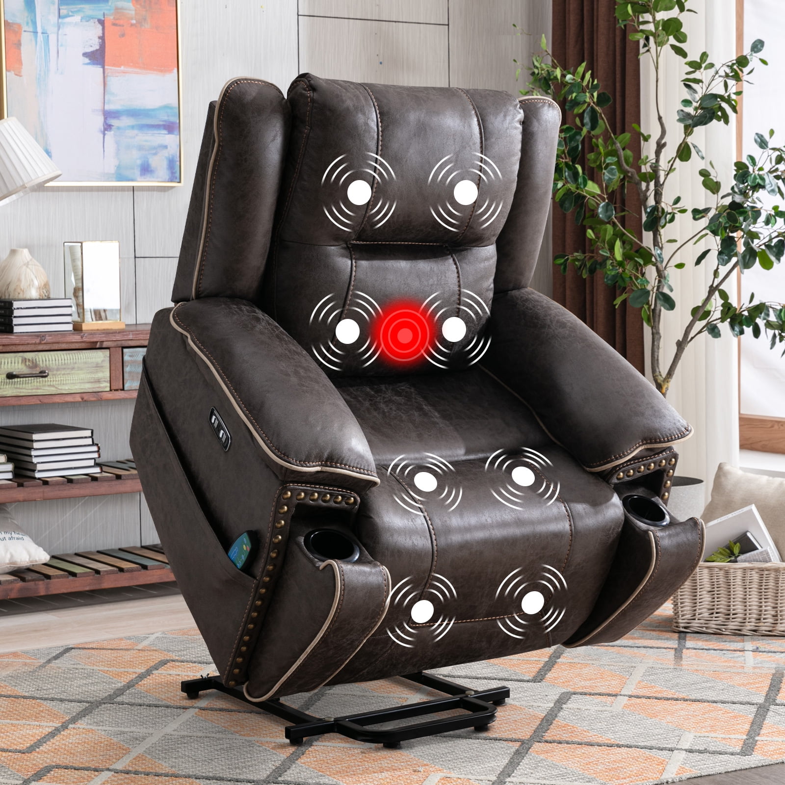 Bonzy Home Power Lift Chair Recliner Suede Fabric Electric Massage Recliner with Cup Holders