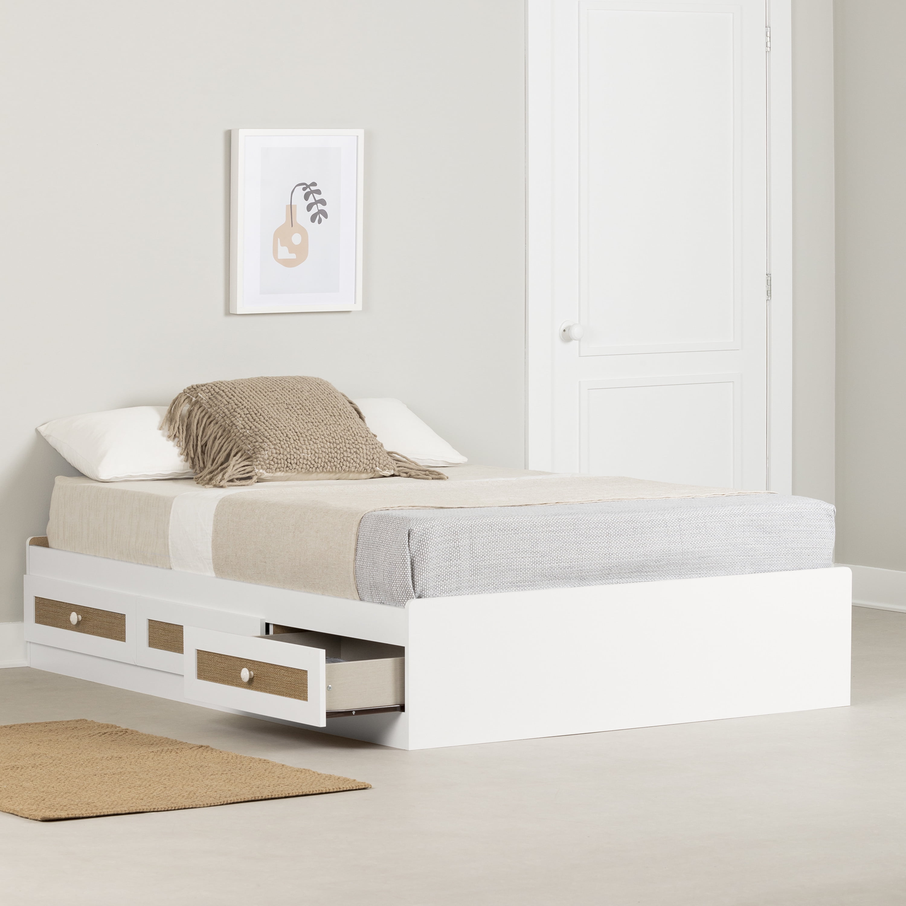 South Shore Hoya, Bohemian Harmony Full Mates Bed with 3 Drawers, White and Faux Printed Rattan