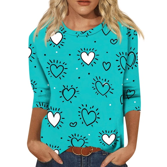 Garbnen Valentine Day Shirts for Women 3/4 Sleeve T Shirts for Women Heart Print Crew Neck Dressy Tunic Blouses for Women