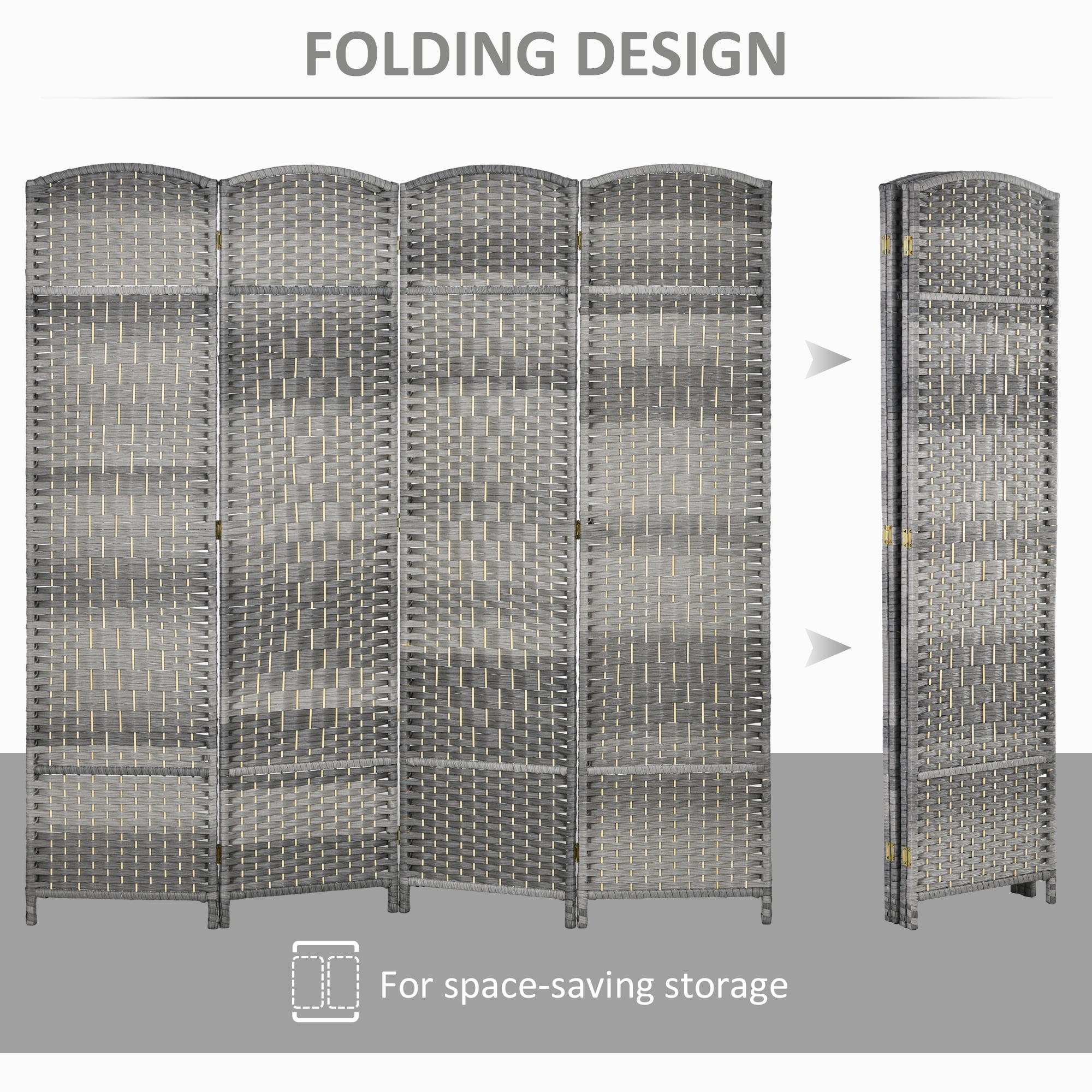 6' Tall Gray Room Divider - Hand-Woven Folding Privacy Screen for Home & Office