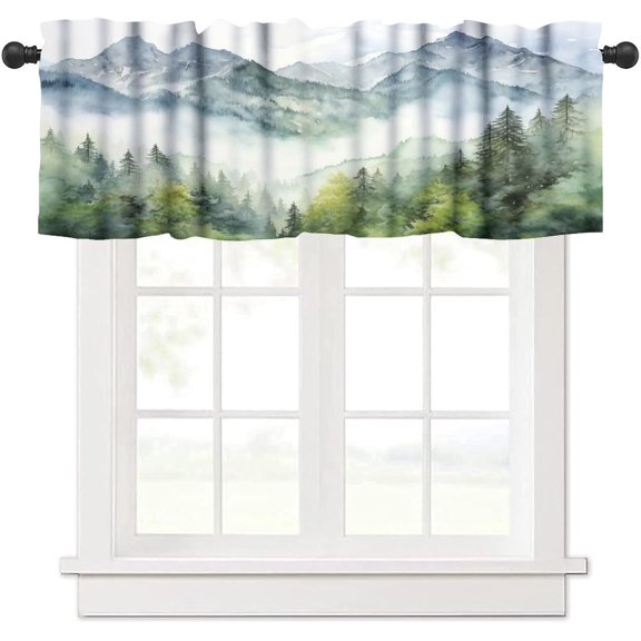 Forest Kitchen Valance Curtain, Watercolor Style Nature Woodland Green Forest Mountain Plant Pattern Window Treatment Rod Pocket Drapes for Bedroom Office Living Room Cafe Decor 54x18inch