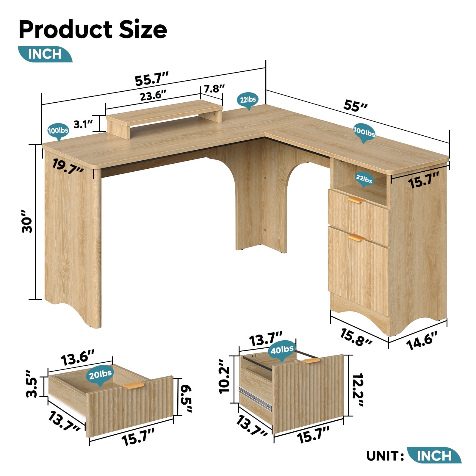 Bestier L Shaped Desk with Drawers, 55.7" x 55" Office Computer Desk with Round Corners, Monitor Stand & Fluted Panels, Natural Oak