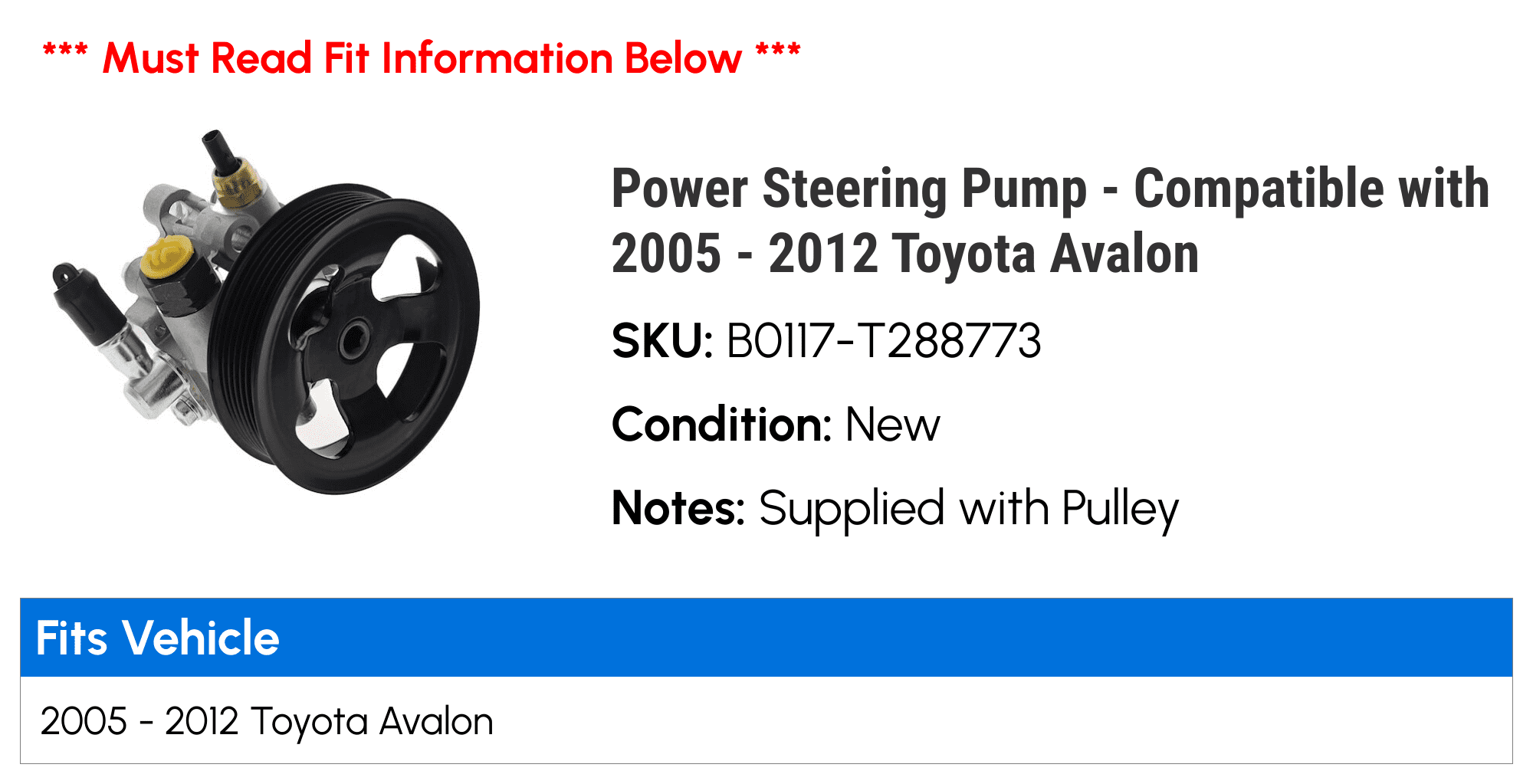 Power Steering Pump - Compatible with 2005 - 2012 Toyota Avalon 2006 2007 2008 2009 2010 2011