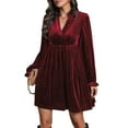 thumbnail image 1 of Vestido Elegante Retro Corto Holgado con Escote en V y Larga de Terciopelo de Color Liso para Mujer, Ropa de Moda para Otoño e Invierno. Vino Tinto L, 1 of 9