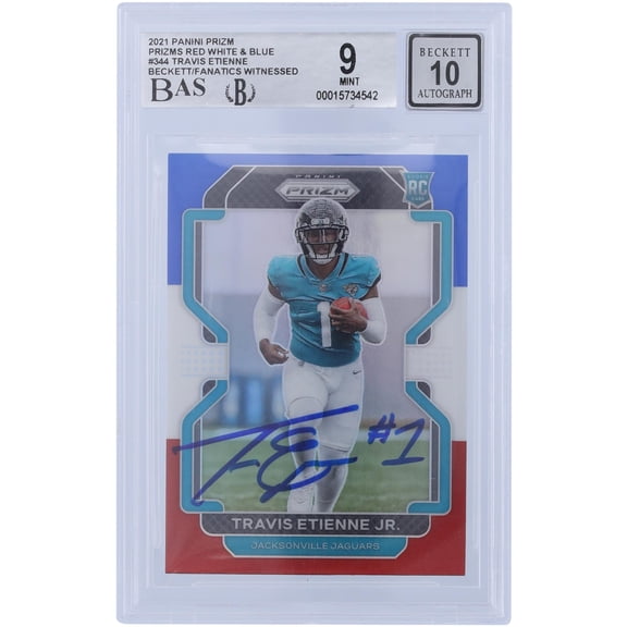 Travis Etienne Jacksonville Jaguars Autographed 2021 Panini Prizm Red White & Blue #344 Beckett Fanatics Witnessed Authenticated 9/10 Rookie Card - Fanatics Authentic Certified