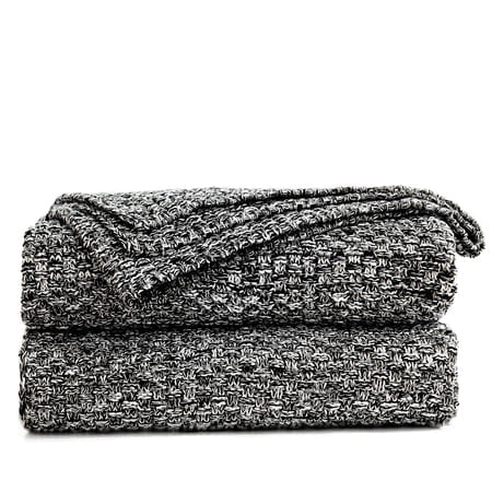 Longhui Literie Couverture Tricotée Noire pour Canapé, Douce, Confortable Lavable en Machine 100 % Coton Couverture de Canapé, Poids Lourd 2.5Lb, Sac à Linge Inclus, Noir et Blanc
