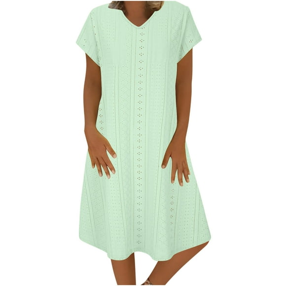 AherBiu Summer Dress Casual Short Sleeve V Neck Midi Dress Eyelet Embroidery Trendy Aline Knee Length Dress