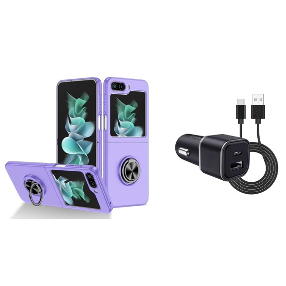 BEMZ Lightweight Slim Shockproof Magnetic Mount Holder Case (Light Purple) with 30W Dual (USB-C, USB-A) Car Charger, Type-C to USB Cable for Samsung Galaxy Z Flip 5