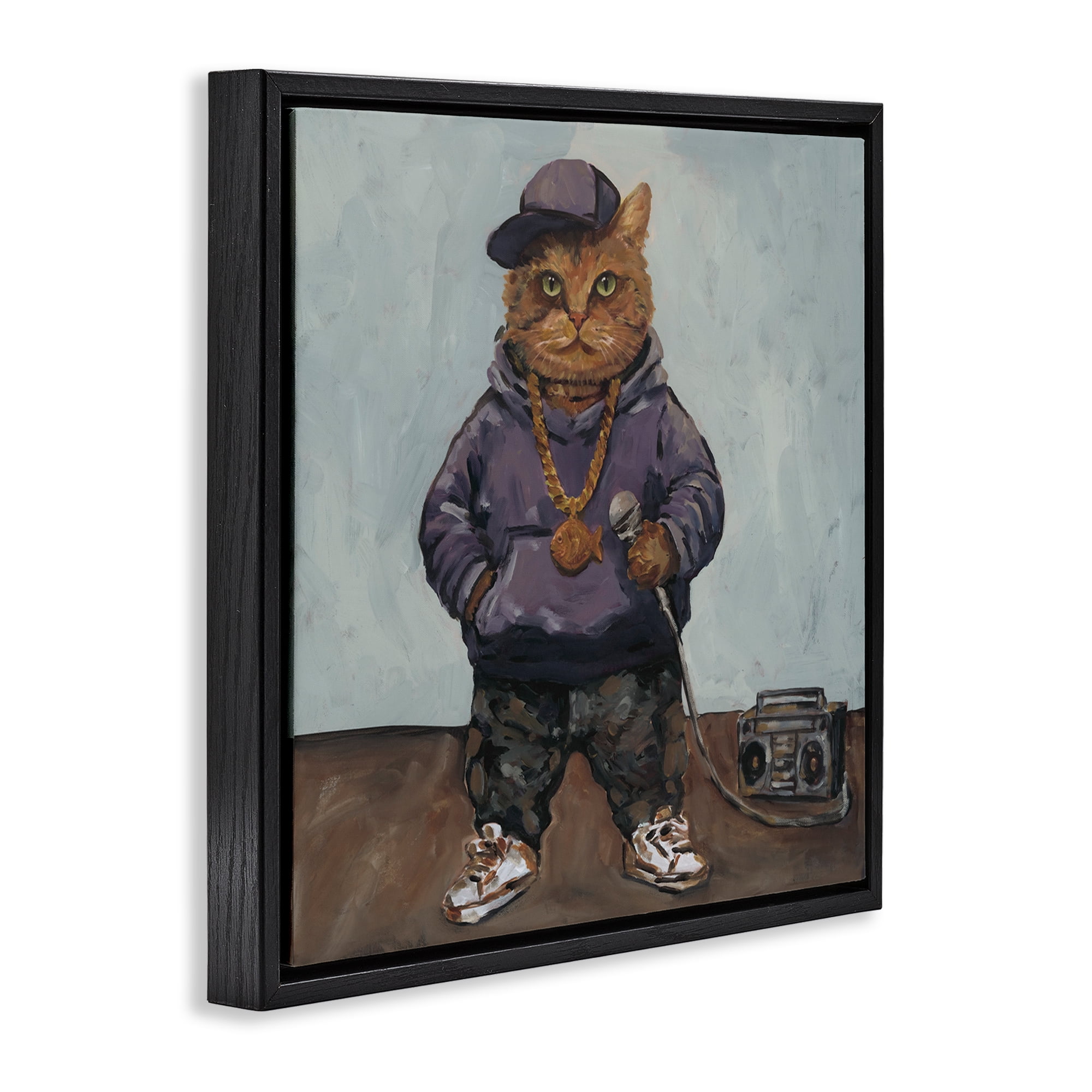 Stupell Industries Urban Hip-Hop Cat Black Framed Floater Canvas Wall Art, design by Studio Bautista