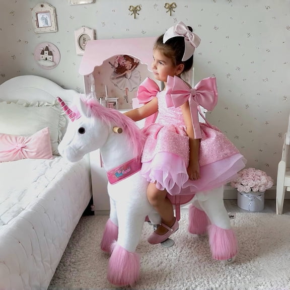 PonyCycle Ride on Unicorn Horse Toy Mechanical Plush Rocking Walking Animal Ride on Horse Riding Horse Toys with Wheels for Kids Age 4-7 Years U402
