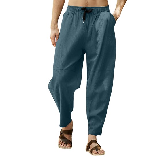 HOOMEUMY Men's Linen Cotton Pants Loose Fit Elastic Waist Drawstring Breathable Casual Beach Pants with Pockets Blue XL