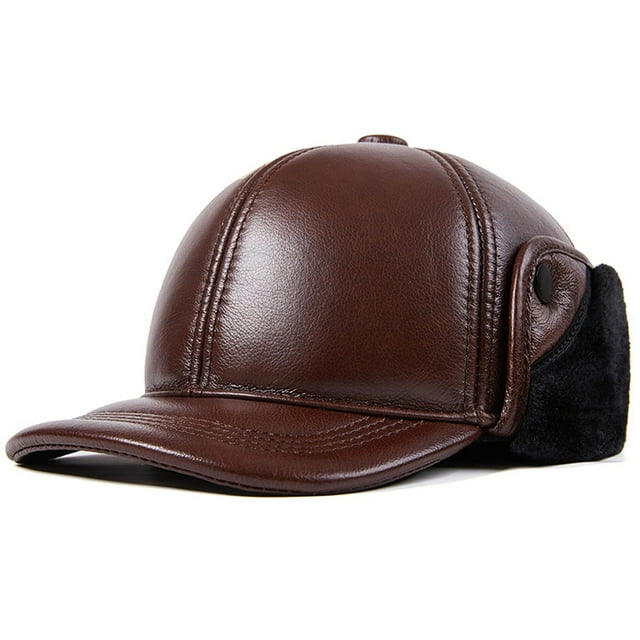 Men's Genuine Leather Earflaps Hat Warm Thick Baseball Cap with Earflaps, Warm Genuine Leather Baseball Cap, Cotton Peaked Cap