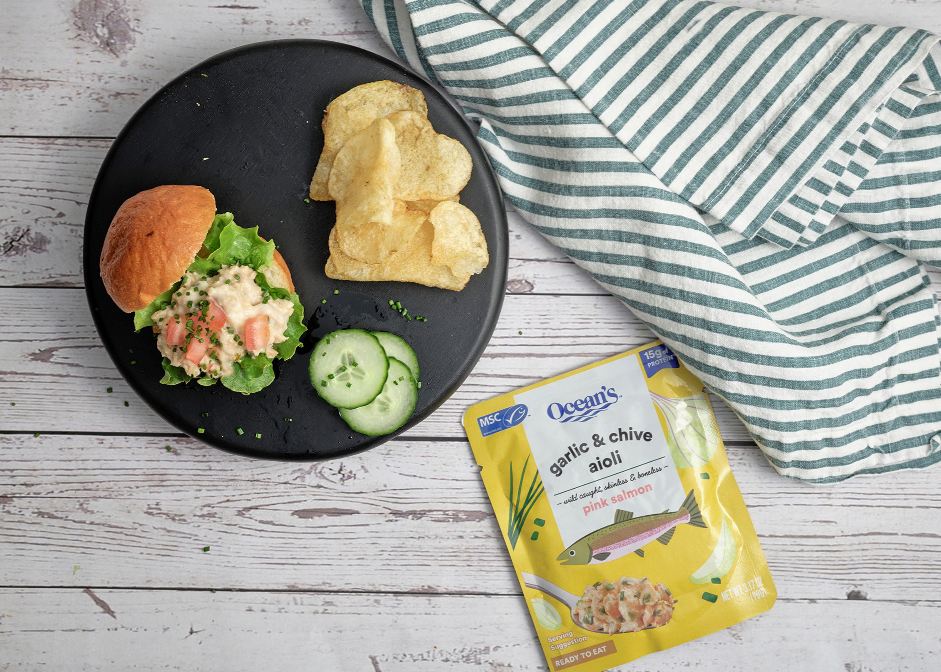 (3 pack) Ocean's Wild Alaskan Pink Salmon, Garlic & Chive Aioli, 15g Protein, Shelf-Stable, 3.17 oz Pouch