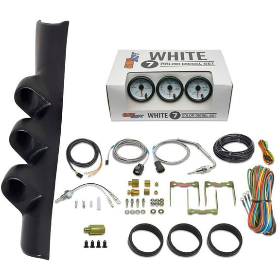 GlowShift | 2nd Gen 1994-1997 Dodge Ram 5.9 Cummins Black Triple Pillar Pod with White 7 Color Series 60 PSI Boost Gauge, 1500 Pyrometer EGT Gauge & Trans Temp Gauge