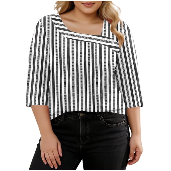 CLOISE Womens Dressy Blouses Plus Size 3/4 Sleeves T Shirts Loose Striped Asymmetric Neck Pullover Trendy Fall Tops Black XL