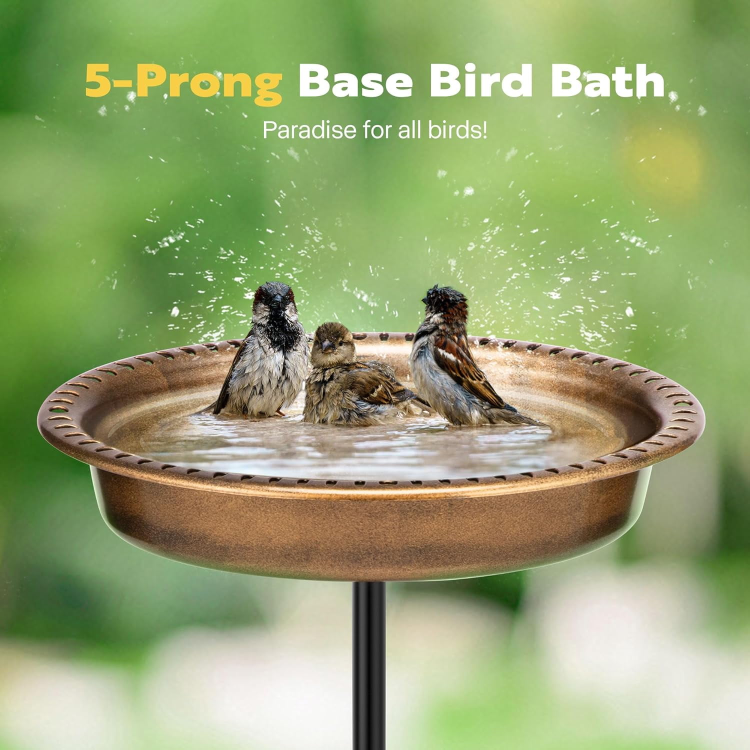 SPECSTAR Bird Bath, Oval Polyresin Birdbath Bowl with Metal Stake, 29 inch Height Outdoor Freestanding Birdfeeder, 1.3 Gallons, 5-Pronged Base, Copper