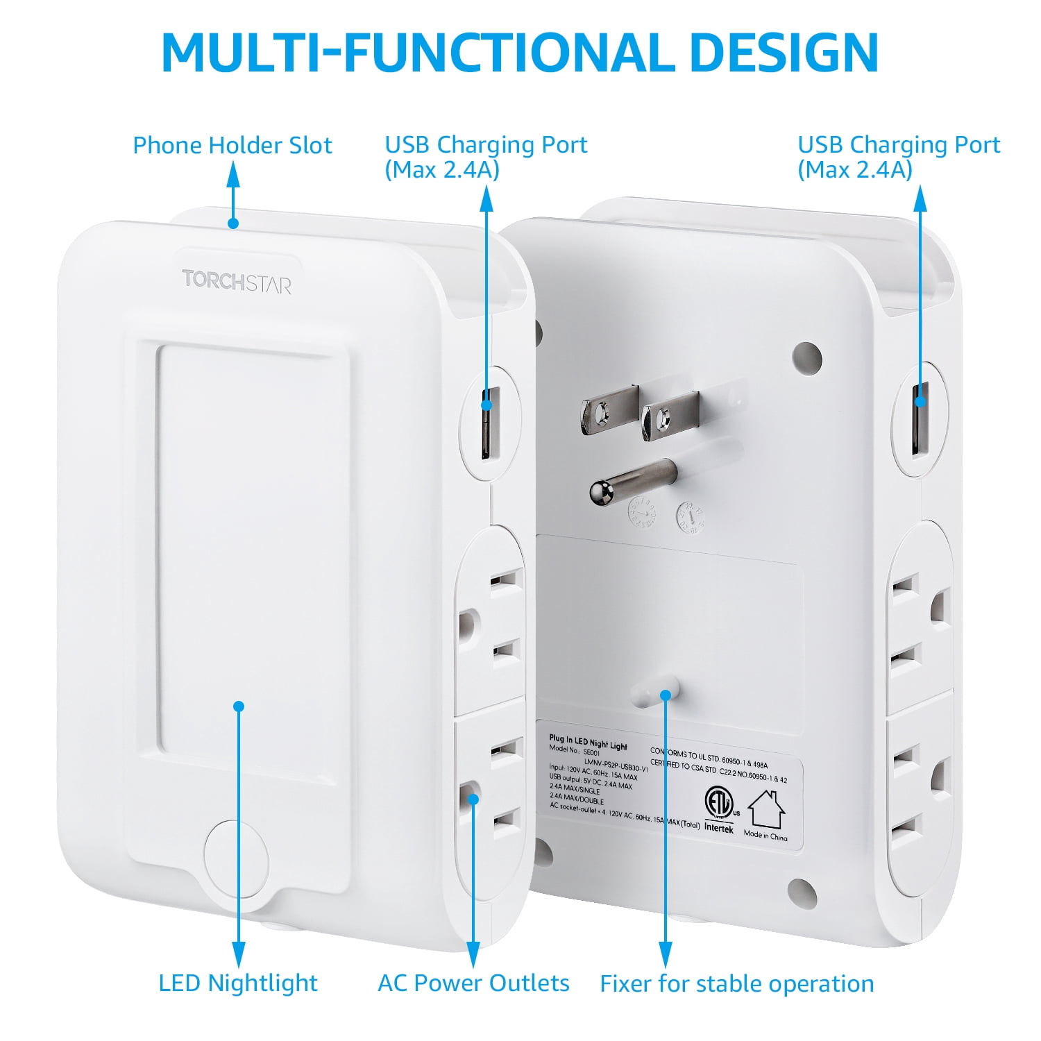 2 Pack Night Light Surge Protector Outlet with USB Ports, 2 USB Ports, 4 AC Outlets, Dusk to Dawn Nightlight