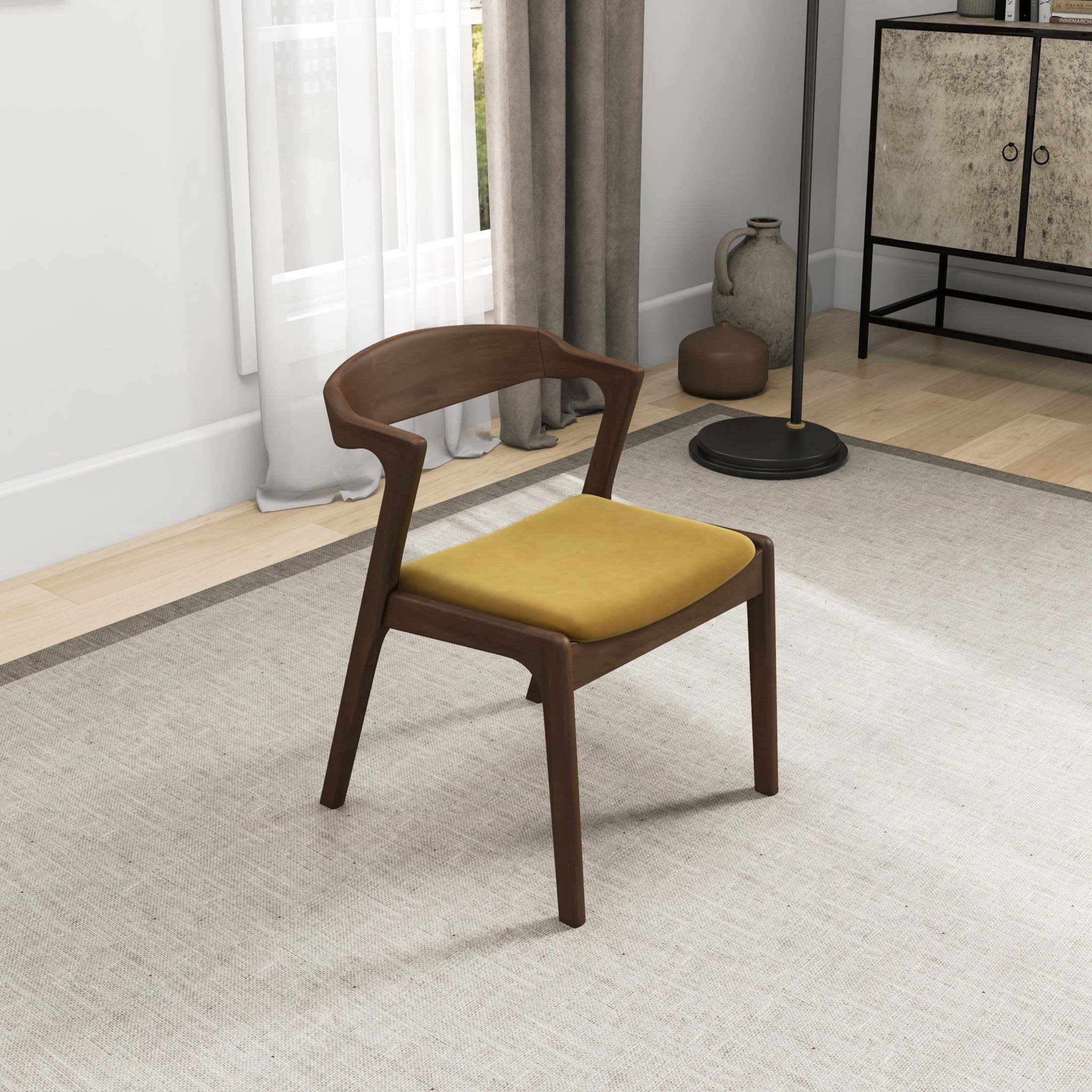 Noble House Nora Dakota Velvet Upholstered Dining Chair Set with Wood Frame, Set of 2, Dark Yellow and Dark Brown