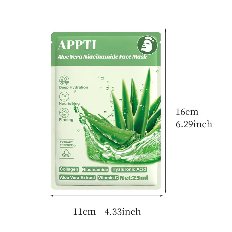 20PCS APPTI Aloe Vera Niacinamide Face Mask – Soothing & Brightening Treatment for Calming Irritation, Minimizing Pores & Balancing Tone for a Clear, Even & Hydrated Complexion.