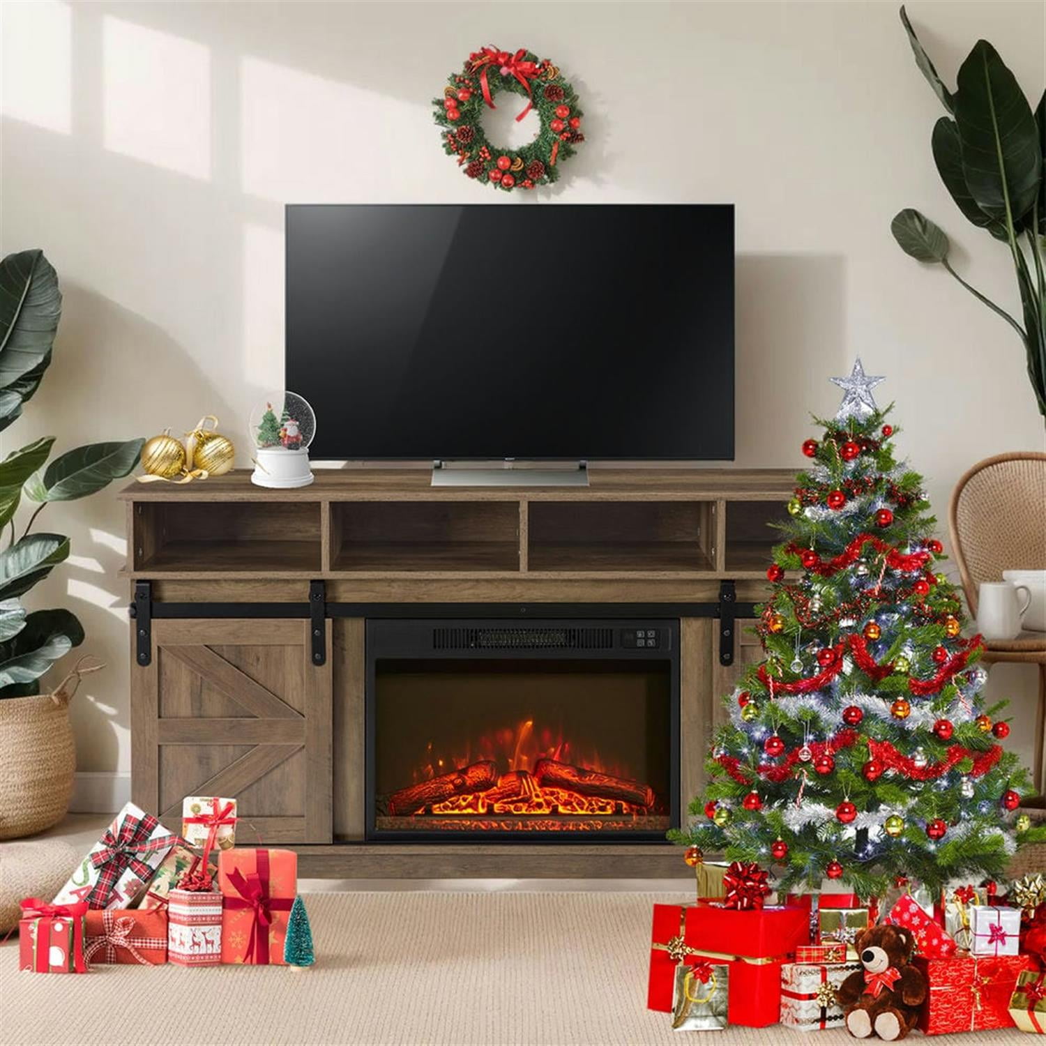 Demi Bonn Modern Farmhouse TV Media Stand for TV Up to 65'', Large Barn Inspired Home Entertainment Console with 23" Fireplace Insert, Open Shelves and Closed Cabinets, Brown