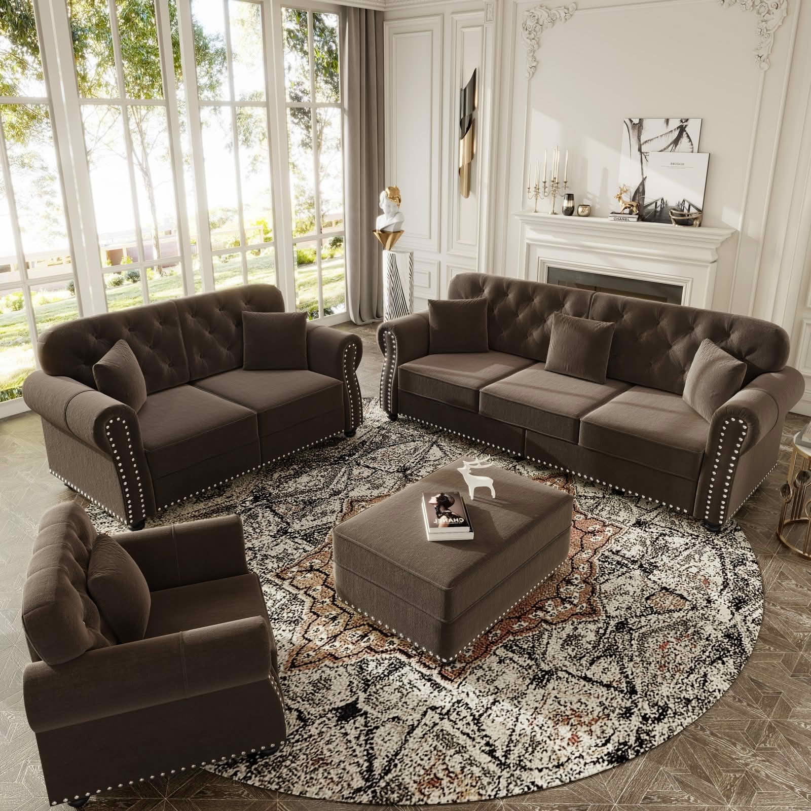 MAYEERTY Velvet Chesterfield Modular Sofa Set, Mid‑Century Modern Couch with Button Tufting, Nailhead Trim & Rolled Armrests, Comes with 1 Ottoman for Home Living Room