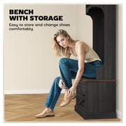 Hall Tree with Shoe Storage, Coat Rack Bench Entryway Organizer - 3-in-1 Farmhouse Style, 5 Hooks, Black Wood Grain