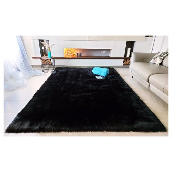 Ghouse Rectangular Black Area Rug 6.7x10 feet, Thick and Fluffy Faux Sheepskin Machine Washable Rectangular Plush Carpet, Faux Sheepskin Rug for Living Room, Bedroom, Kids Room
