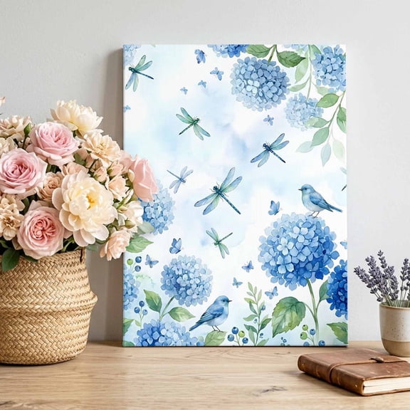 Blue Floral Bird Canvas Wall Art, Summer Blue Flower Dragonfly Bird Gradient Blue Pictures Wall Decor Wooden Framed Artwork Art Prints for Living Room Hallway Bedroom Office 16"x20"
