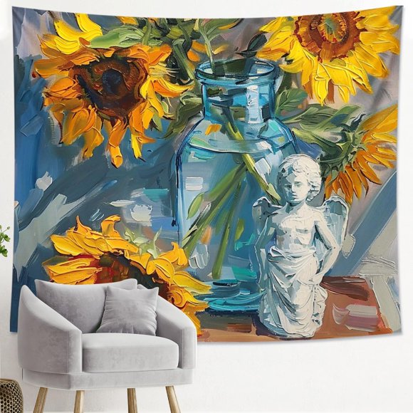 Generic Sunflower Tapestry Abstract Oil Painting Angel Wings Floral Pot Style Vintage Yellow Polyester Backdrop Decorative Bedroom Ceiling Headboard Couch Club Tapestry One Piece 80x60 Inch