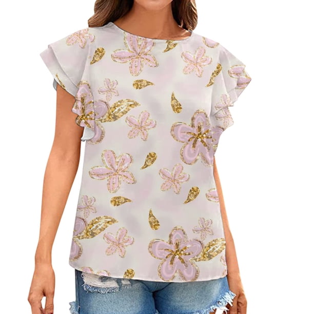 Moda mujer verano casual cuello redondo volantes manga corta impresión tops pullover blusa Pompotops hkajfhjk468051