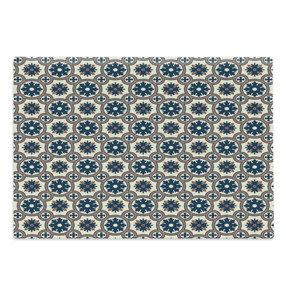 Floral Cutting Board, Ornate Silhouettes Pattern with Circle Abstract Vintage Design Inspiration, Decorative Tempered Glass Cutting and Serving Board, Large Size, Ruby Beige Navy Blue, by Ambesonne