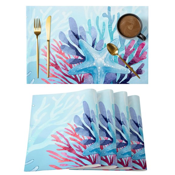 Blue Red Gradient Starfish Coral Placemats Set of 12, Watercolor Ocean Coastal Non-Slip Place Mats Washable Table Mats for Kitchen Dining Table Decorations Indoor/Outdoor