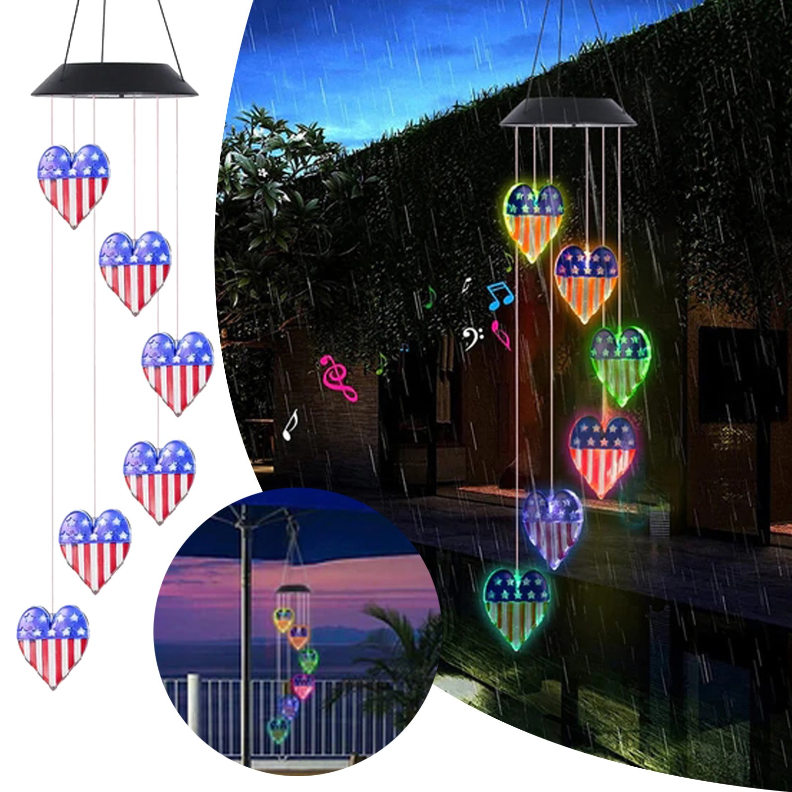 HIBRO Love American Flag Solar Wind Chime Lights Outdoor Waterproof