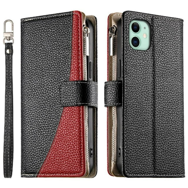 Funda cartera GANGXUN para iPhone 11 , cuero PU con tarjetero, cremallera, correa de mano, soporte y protección 535°
