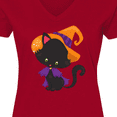 thumbnail image 4 of Inktastic Black Cat, Cat Wearing Witch Hat, Halloween Women's V-Neck T-Shirt, 4 of 5