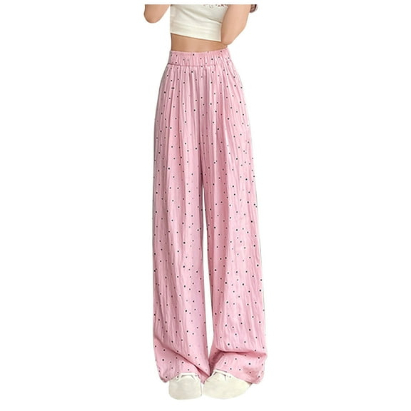 Diufon Womens Silk Wide Leg Pants Trendy Polka Dot Lounge Pants Elastic High Waist Trousers