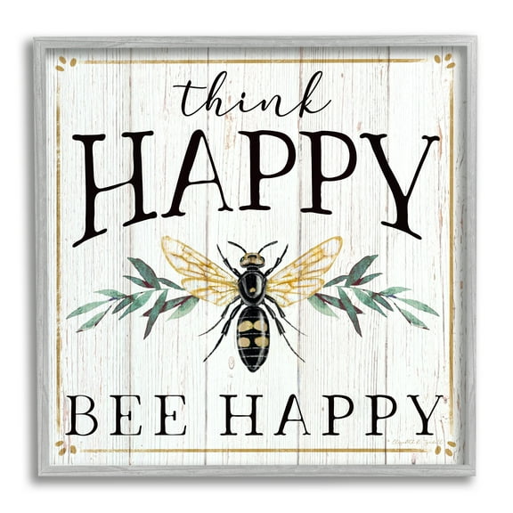 Stupell Industries Think Happy Bee Happy Phrase Insect Pun Inspirational Painting Gray Framed Art Print Wall Art, 12 x 12