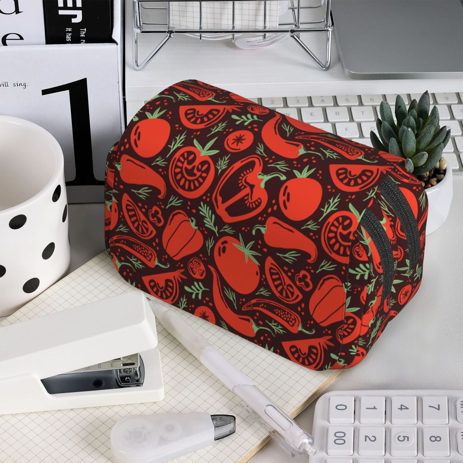 Rateoe Tomatoes And Chili Pattern Double Clamshell Pen Case, Storage Organizer with Two Zipper Compartments– Holds Up to 50 Pencils & Pens