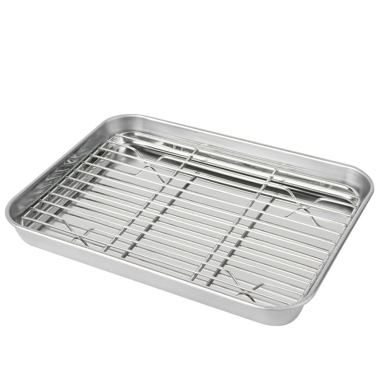 Vesteel Baking Sheets and Racks Set of 4, Stainless Steel Rectangle Baking Cookie Sheet Oven Tray and Cooling Grid Rack - 10 x 8 x 1 inch, Silver