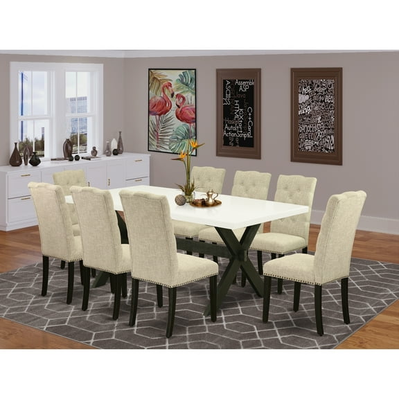 Modern 9-Piece Dining Set - Rectangular Table with 8 Parson Chairs - Linen WhiteBlack Finish