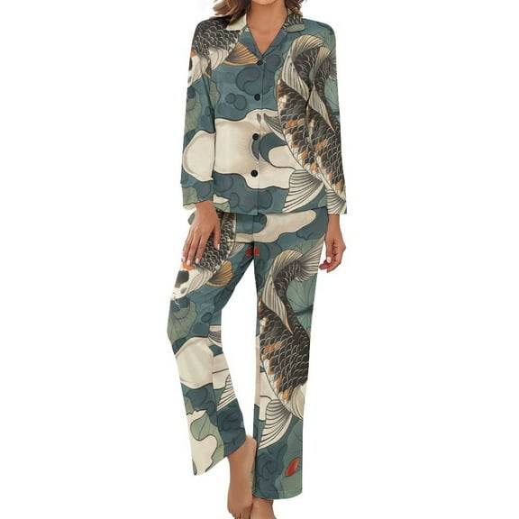 PoBuds Women's Long Sleeve Flannel Pajama Set Sleepwear Koi Fish Vintage Lotus XL