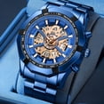 thumbnail image 2 of Reloj de Cuarzo Esqueleto para Hombre, Correa de Acero Inoxidable, Taquímetro, Indicador de Fecha, Resistente Al Agua, Luminoso, Reloj de Pulsera Deportivo de Negocios para Hombre, 2 of 6
