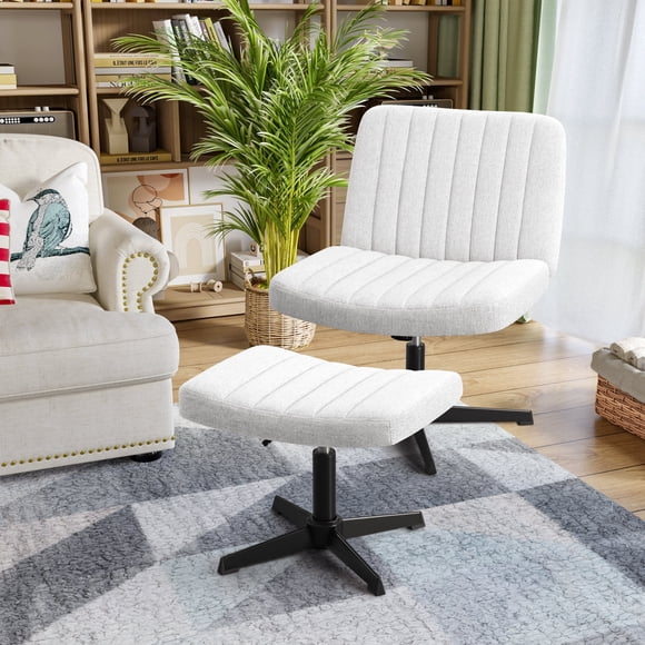 Homall Office Desk Chair Armless Swivel Vanity Chair with No Wheels, Fabric Padded Home Office Chair with Footrest, Beige