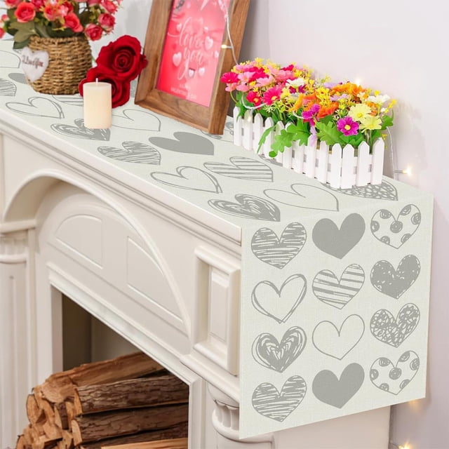 Linnome Valentine's Day Heart Printed Linen Tablecloth for Dining Room Decor Festive Table Covering