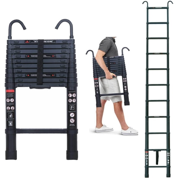 Aluminum Telescoping Ladder - 10 FT, 2 Detachable Roof Hooks, Lightweight, Multi-Purpose, Max 330 Lb Capacity, EN131 Certificated