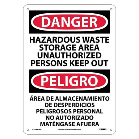 UPC: 0887481047133 | National Marker Danger Signs; Hazardous Waste Storage Area Keep Out Bilingual 14X10 .040 Aluminum