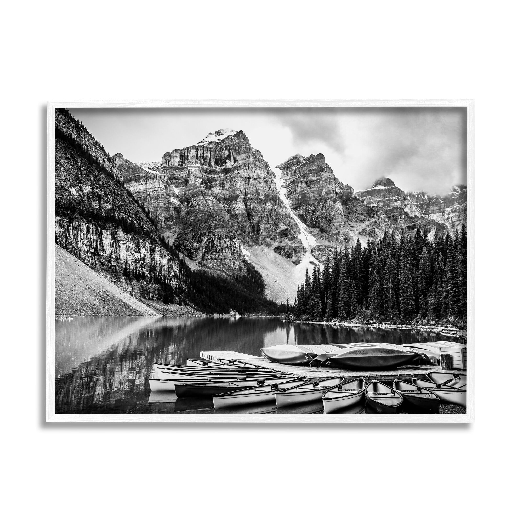 Stupell Industries Mountain Lake Dock Rowboats Black White Photography, 14 x 11, Design by Daniel Sproul