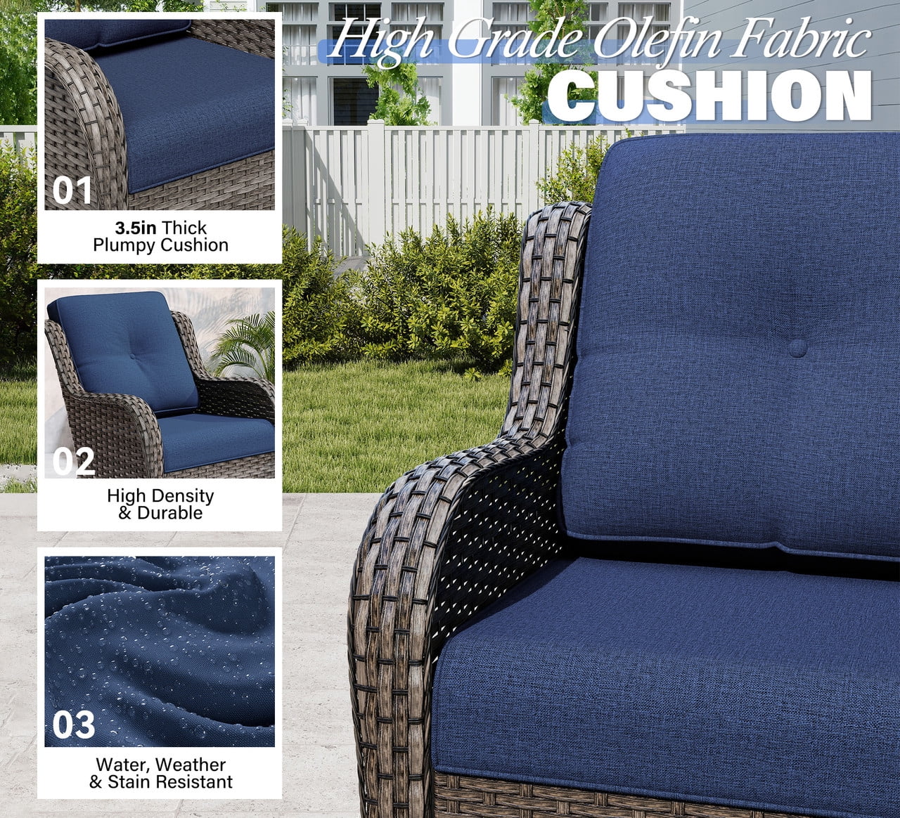 Meetleisure 6 Piece Wicker Patio Furniture Set, Rattan Chairs with High Back, Deep Seating, Wide Armrest, Thick Cushions for Deck Porch, Dark Blue